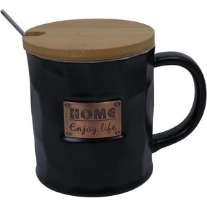 Taza Con Tapa + Cuchara Negra 380Ml Home Enjay Life Concepts Life