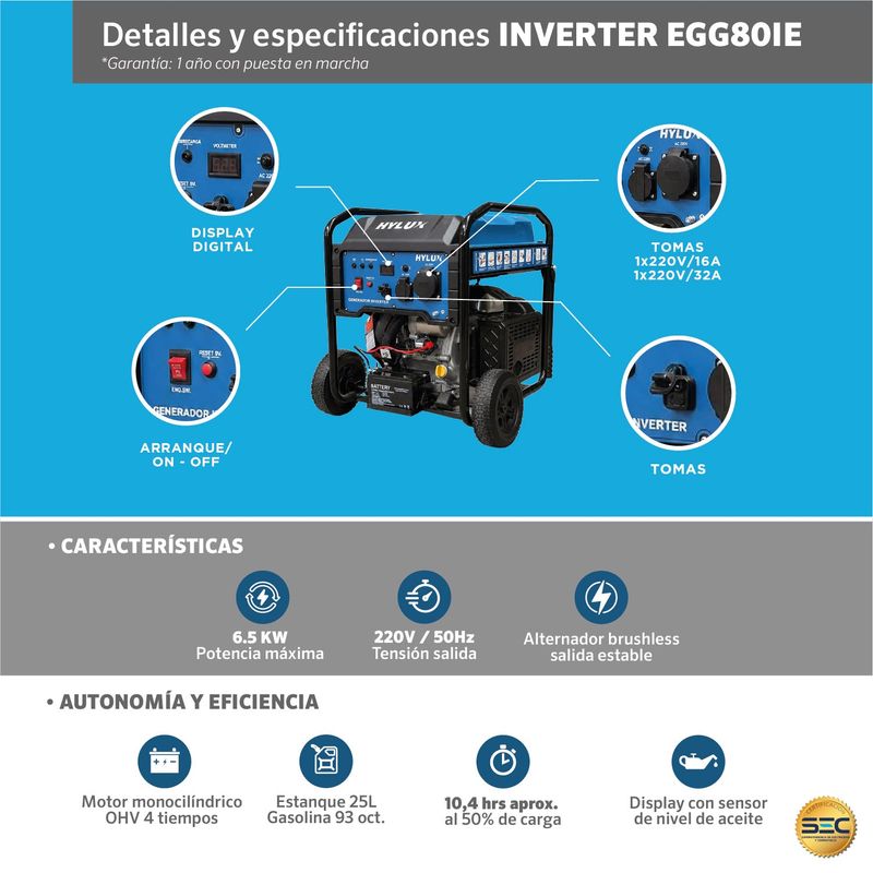 Generador Inverter A Gasolina 6.0Kva 220V Egg80Ie Hylux-1782166016831