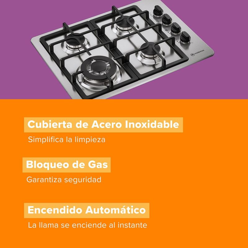 Encimera A Gas 4 Platos Triple Llama Y Parrillas Hierro Fundido Km4Tx Mademsa-1783012500137
