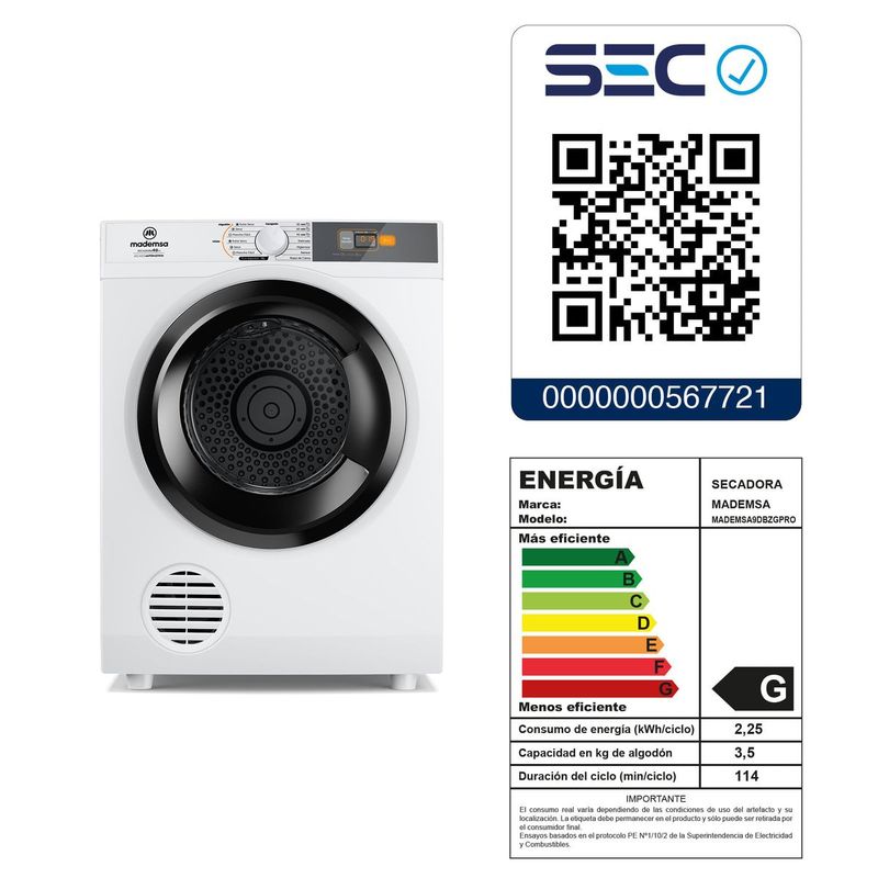 Secadora De Ropa 9Kg Pro 9Dbzg Carga Frontal Blanca Mademsa-1783017426847