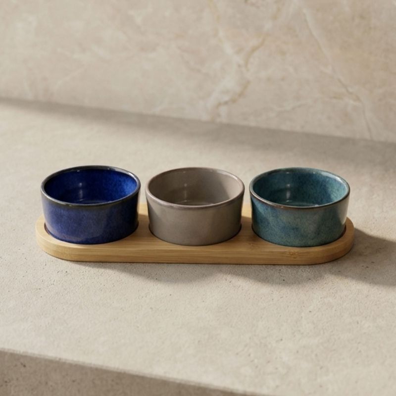 Set 3 Bowls Ceramica Redondos + Bandeja Bamboo 28Cm Decoexpress-1787761372382