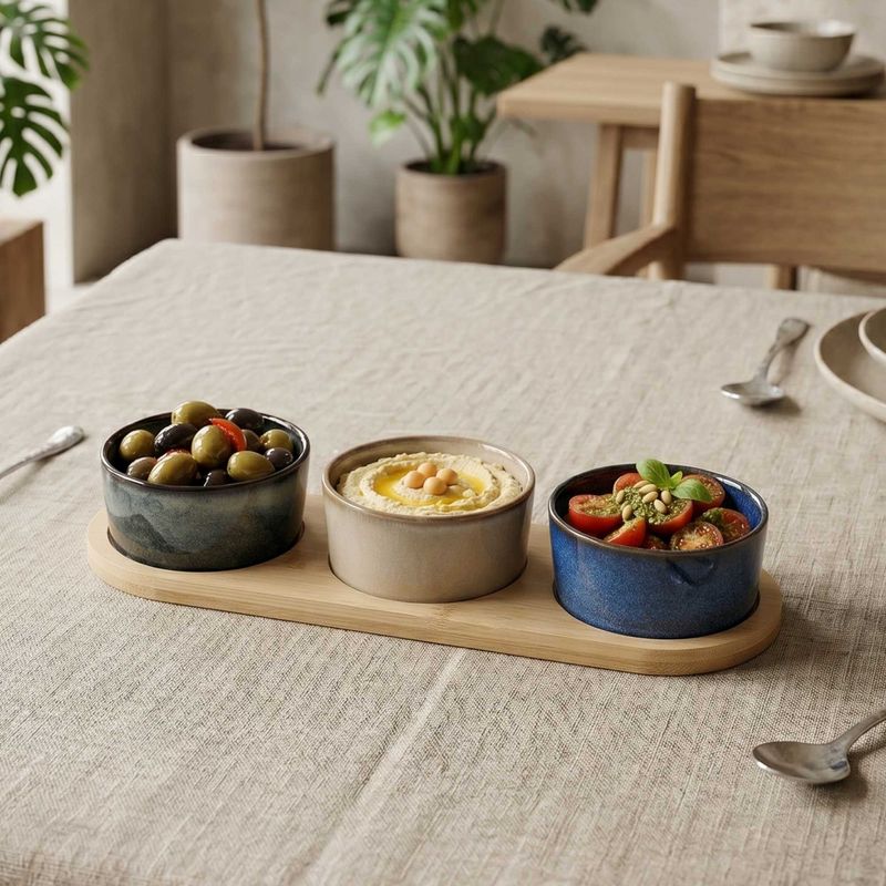 Set 3 Bowls Ceramica Redondos + Bandeja Bamboo 28Cm Decoexpress-1787761397278