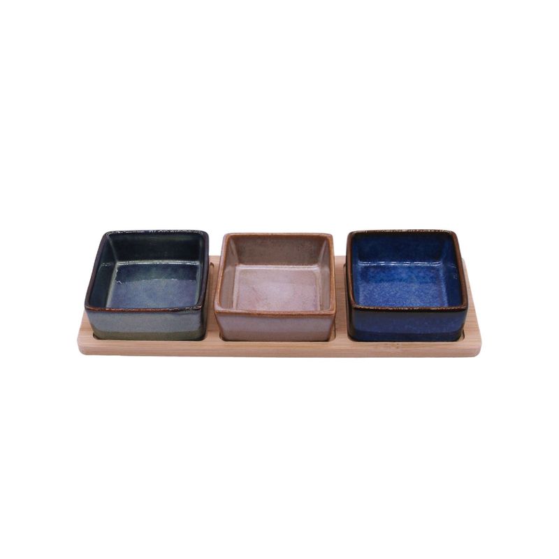 Set 3 Bowls Ceramica Cuadrado + Bandeja Bamboo 28Cm Decoexpress-1789401879035