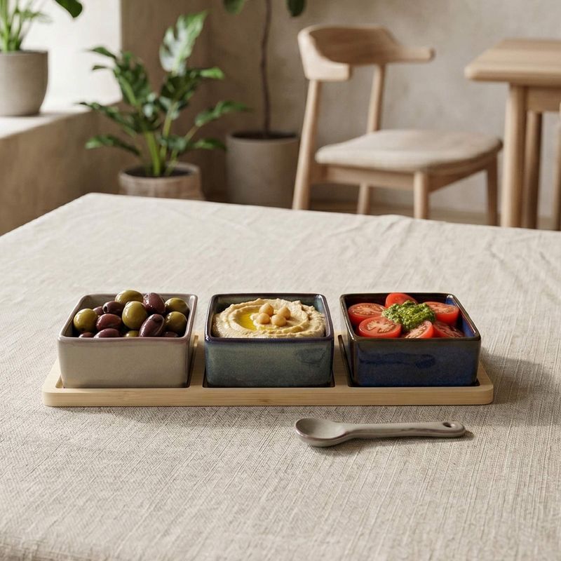 Set 3 Bowls Ceramica Cuadrado + Bandeja Bamboo 28Cm Decoexpress-1789402056750