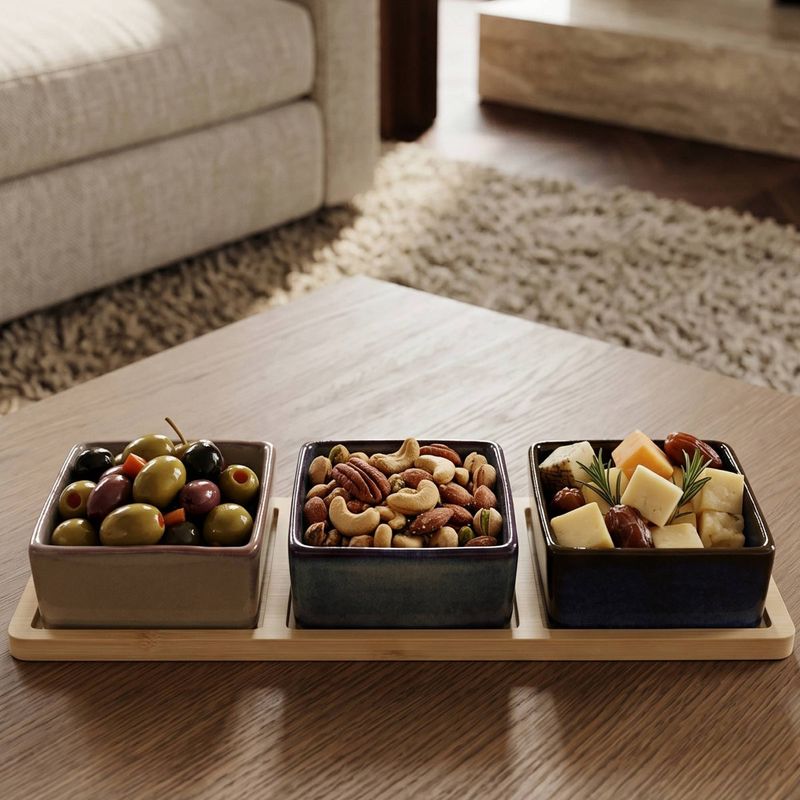 Set 3 Bowls Ceramica Cuadrado + Bandeja Bamboo 28Cm Decoexpress-1789402063693